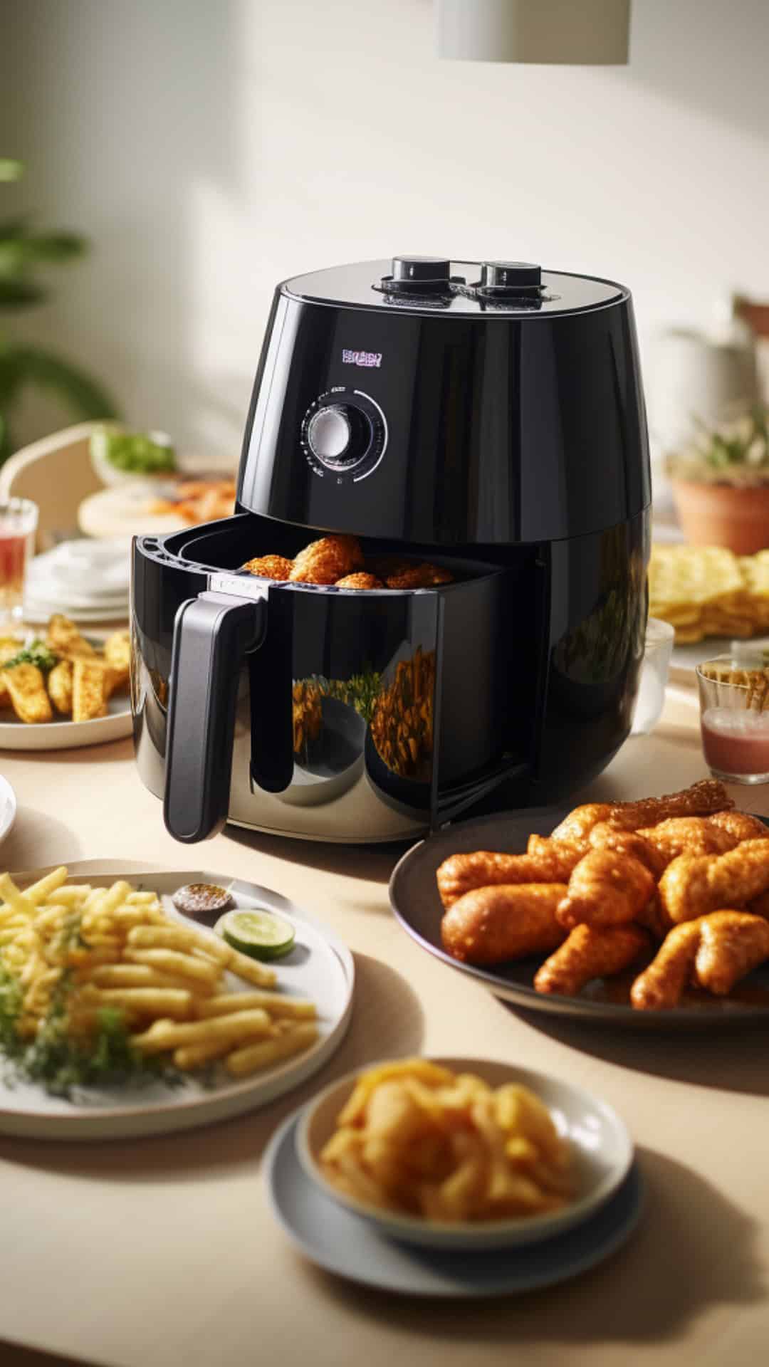 Eine schwarze Heißluftfritteuse und drumherum stehen fertige Speisen
