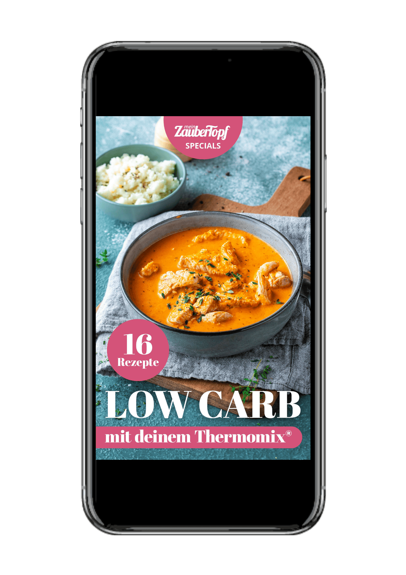 thermomix low carb e-book cover in einem smartphone
