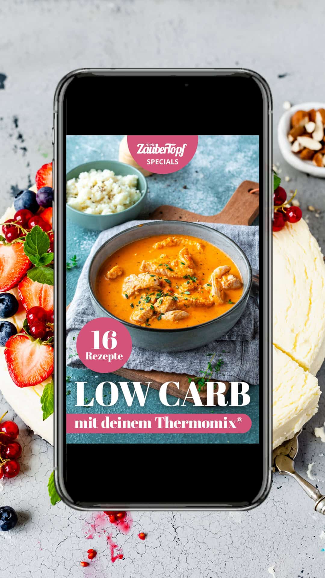 das low carb e-book cover in einem smartphone. mit 16 rezepten