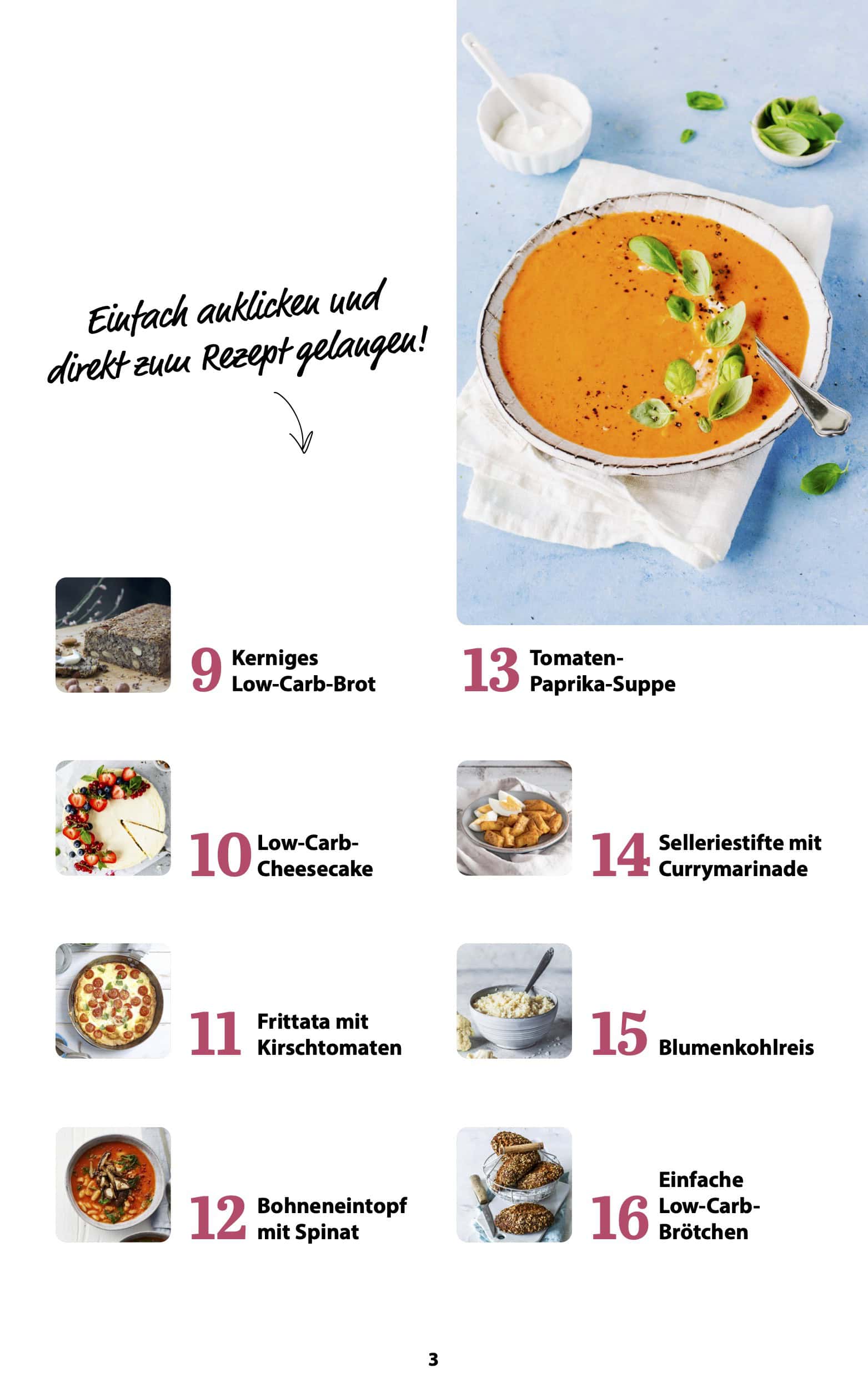 Auszug aus der rezeptüversicht im low carb e-book mit brot, tomatensuppe, cheesecake, selleriestiften, frittata, blumenkohlreis, bohneneintopf, börtchen.